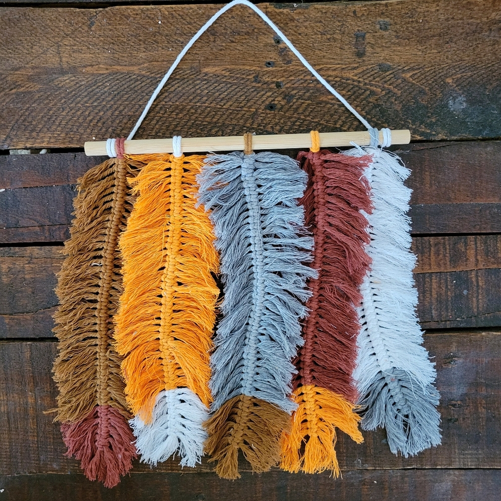 handmade boho feather macrame wall art hanging | fall / autumn wreath
